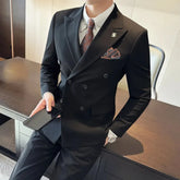 (Jackets+Vest+Pants) Men's Business Double-Breasted Suits Male Slim Fit Solid Color Groom's Wedding Dress Man Fashion Tuxedo 7XL black